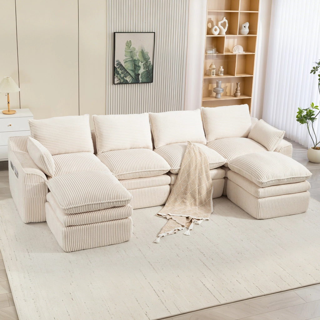 Divano modulare 4 posti in velluto a coste beige 335 cm con pouf e tasche laterali