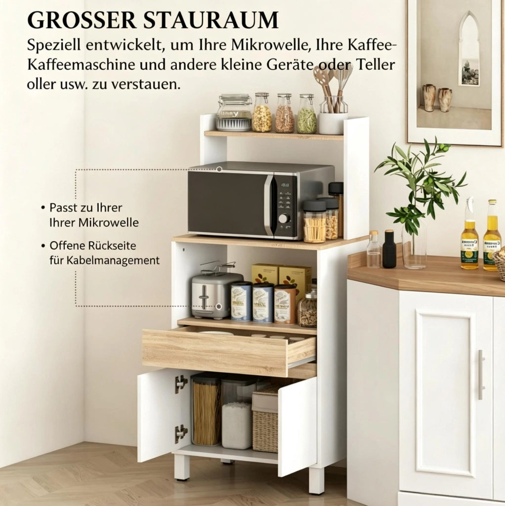 Mobiletto con ripiani e vano microonde in truciolato bianco e rovere, 60x40x131 cm