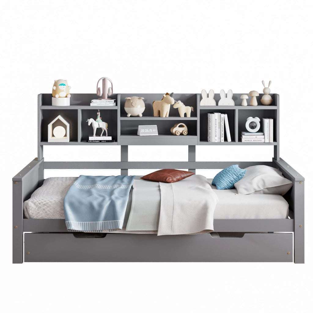 Letto con letto estraibile 90 × 200 cm con secondo letto 90 × 190 cm ripiani posteriori rete a doghe legno grigio