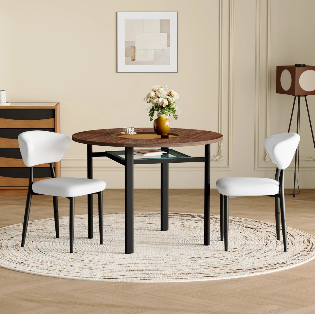 Set tavolo da pranzo rotondo Ø100 cm effetto legno con inserto in vetro e 2 sedie bianche