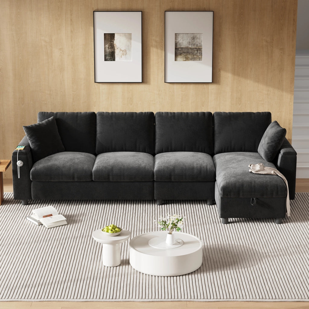Divano angolare con funzione letto e chaise longue reversibile tavolino pieghevole porte USB e Type C contenitore braccioli chenille grigio