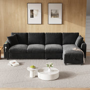Divano angolare con funzione letto e chaise longue reversibile tavolino pieghevole porte USB e Type C contenitore braccioli chenille grigio