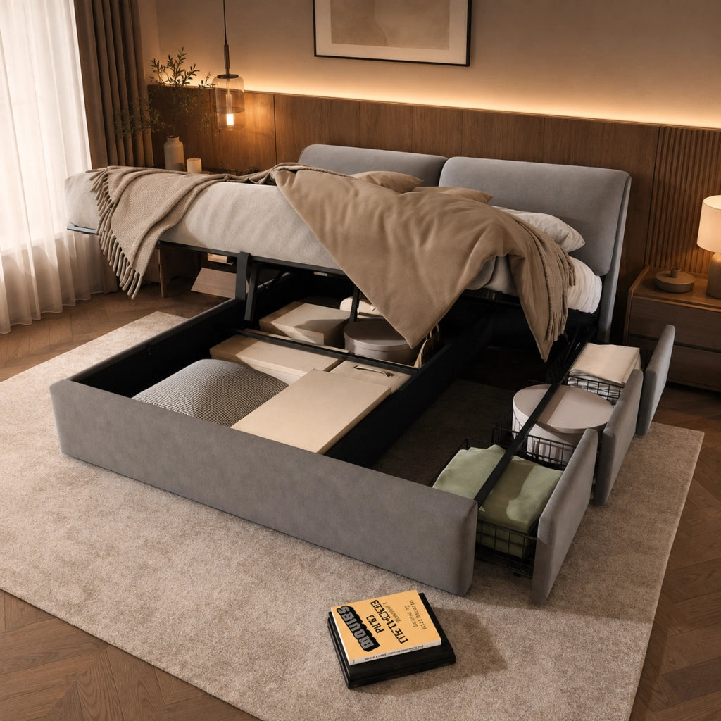 Letto contenitore 180x200 cm; matrimoniale con contenitore idraulico; 3 cassetti; rete a doghe e testiera; velluto; grigio