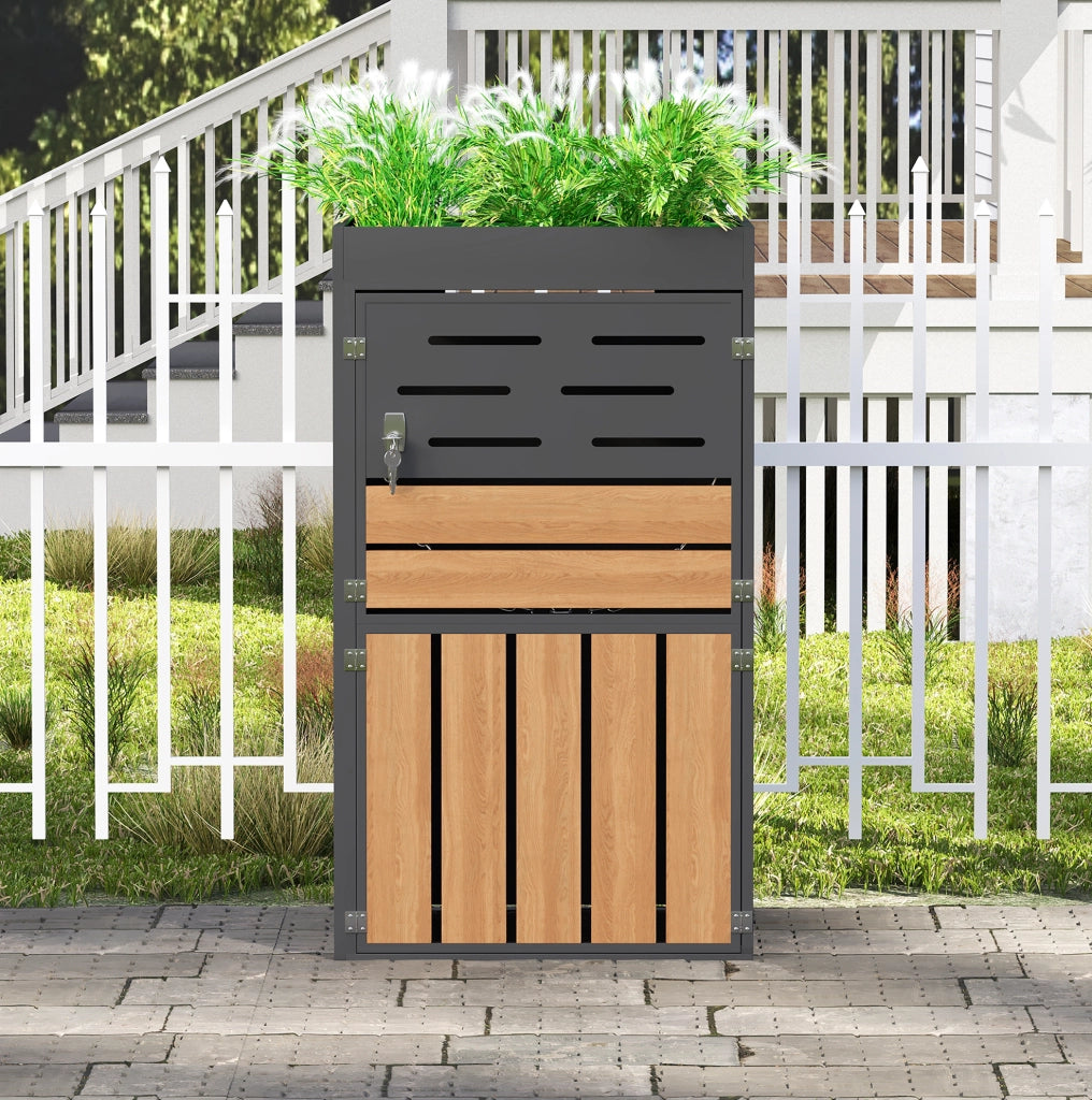 Armadio da esterno multifunzione in acciaio zincato con fioriera integrata, serratura e ventilazione a lamelle – senza contenitore per rifiuti, 66x80x128 cm
