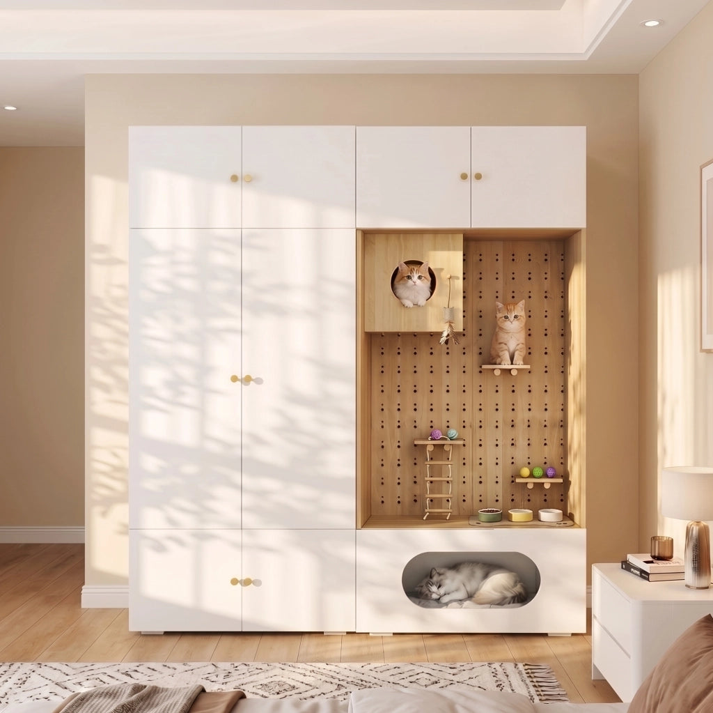 Armadio multifunzione 2-in-1 con parete arrampicata per gatti, 180x50x200 cm, bianco e effetto legno