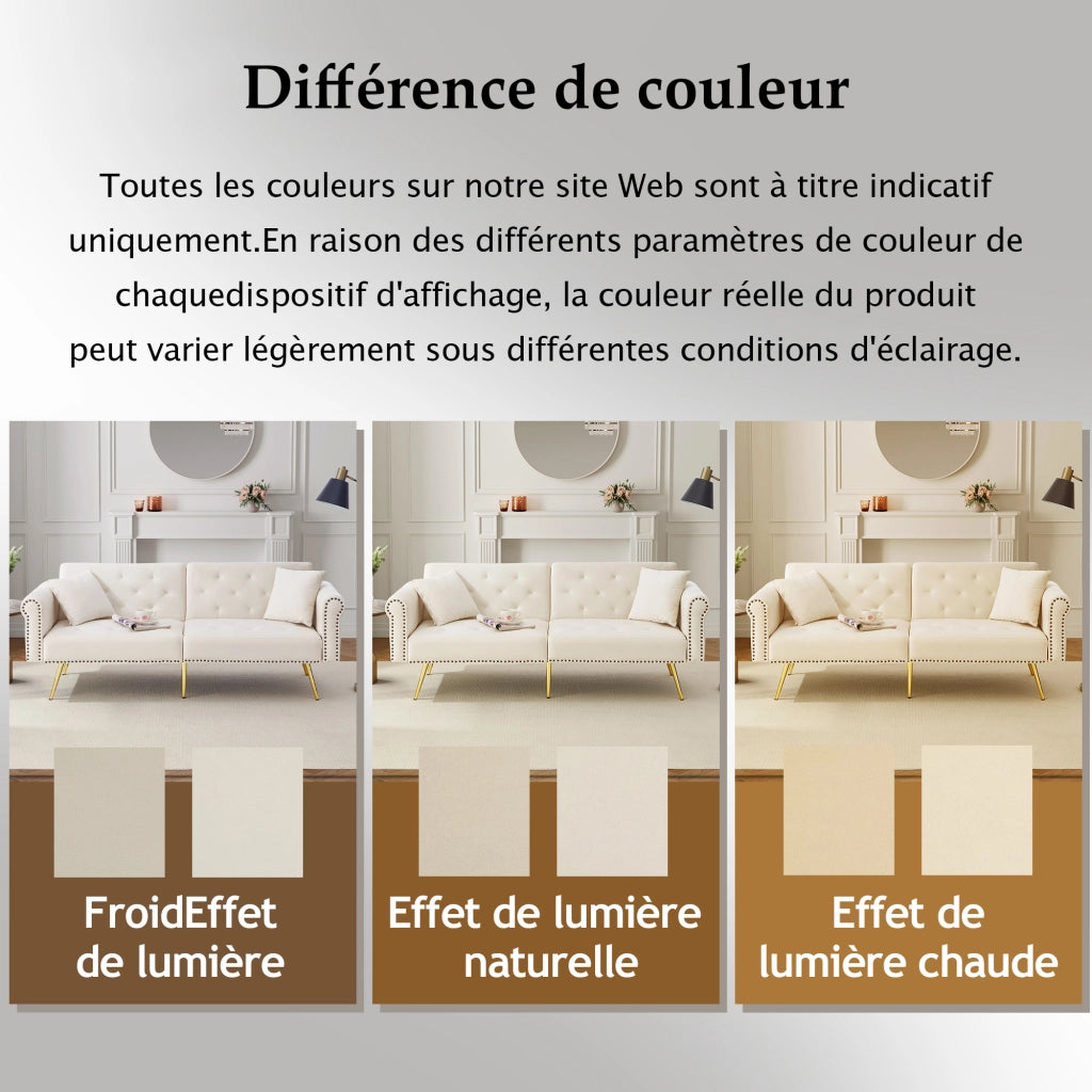 Divano letto 2 posti con schienali regolabili in 3 posizioni rivestimento in velluto beige piedi in metallo dorato