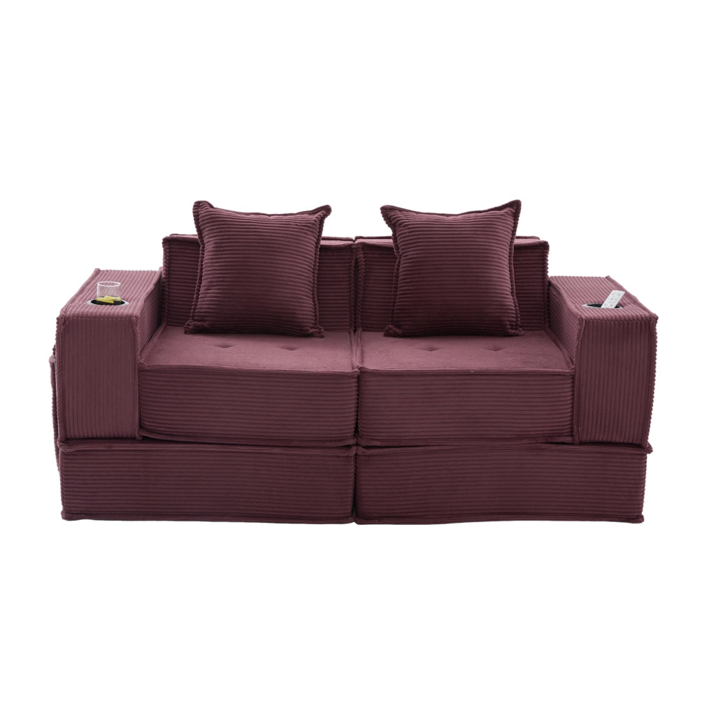 Divano modulare ULEVR 162x78x66 cm con 2 cuscini e tasche laterali, in velluto a coste rosso vino