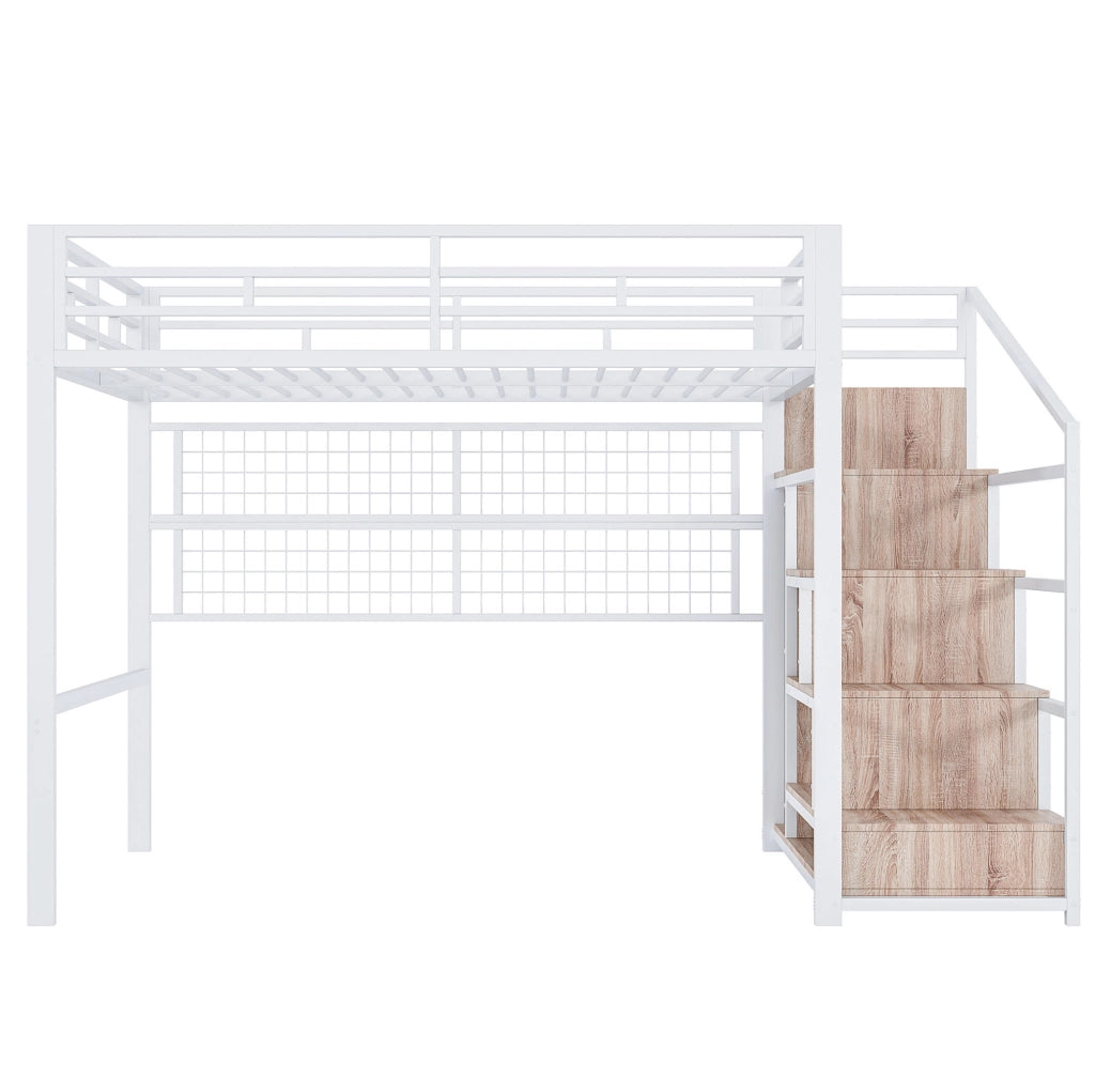 Letto a soppalco 140x200 cm con struttura in ferro, guardaroba, scala con vano contenitore e griglia appendi-oggetti, illuminazione LED a 7 colori, senza materasso, bianco
