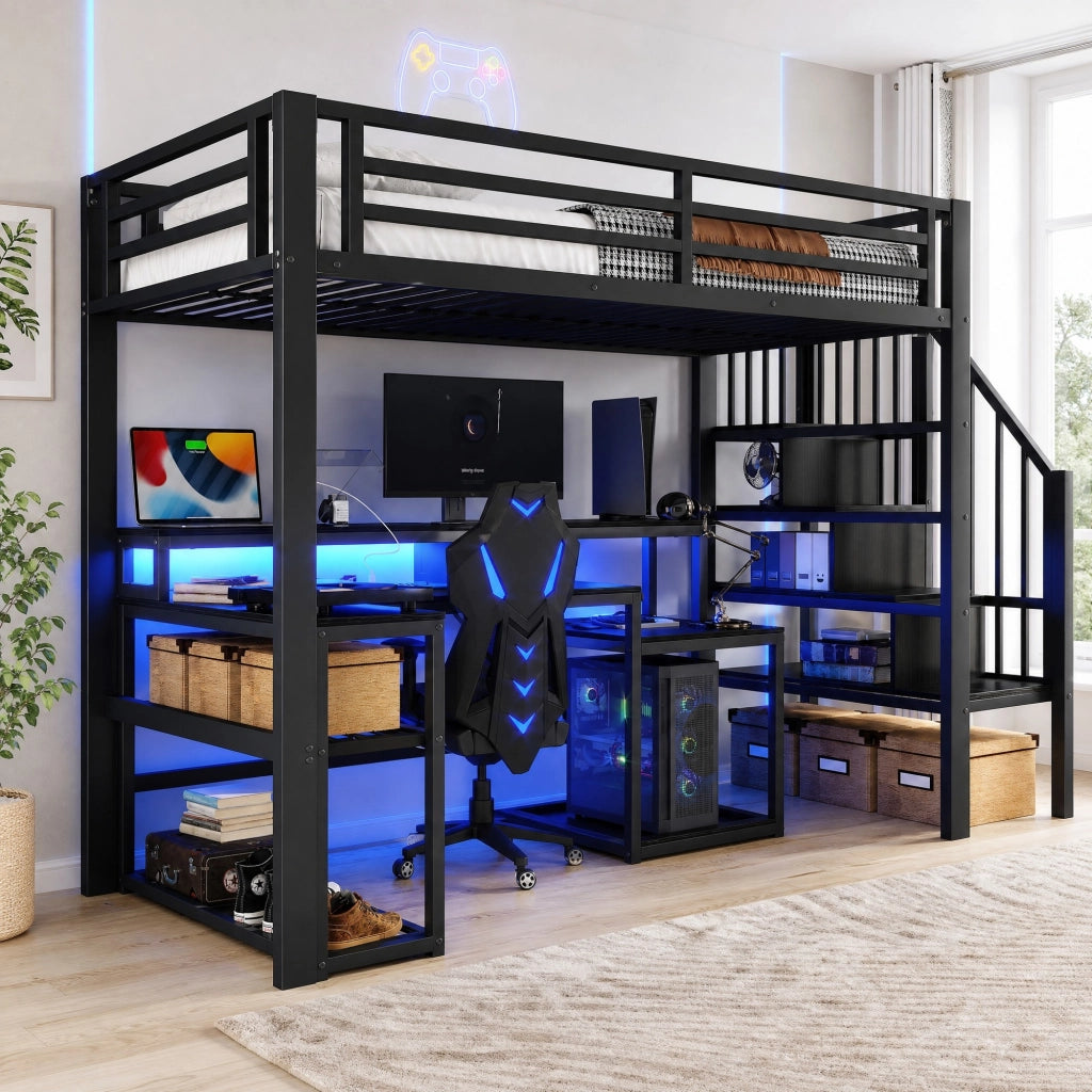 Letto a soppalco 90x200 cm nero con scrivania, LED e USB