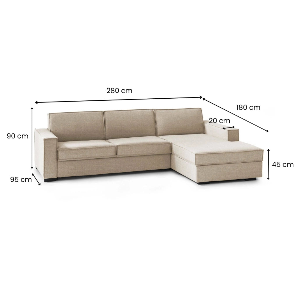 Achico, Divano Letto con Penisola Sfoderabile Made in Italy, 280x95 cm Beige