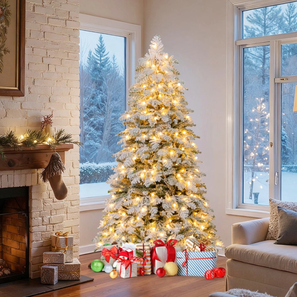 Albero di natale pieghevole con 130 palline luci led e 616 punte di ramo, Albero di natale artificiale innevato da 180 cm Bianco