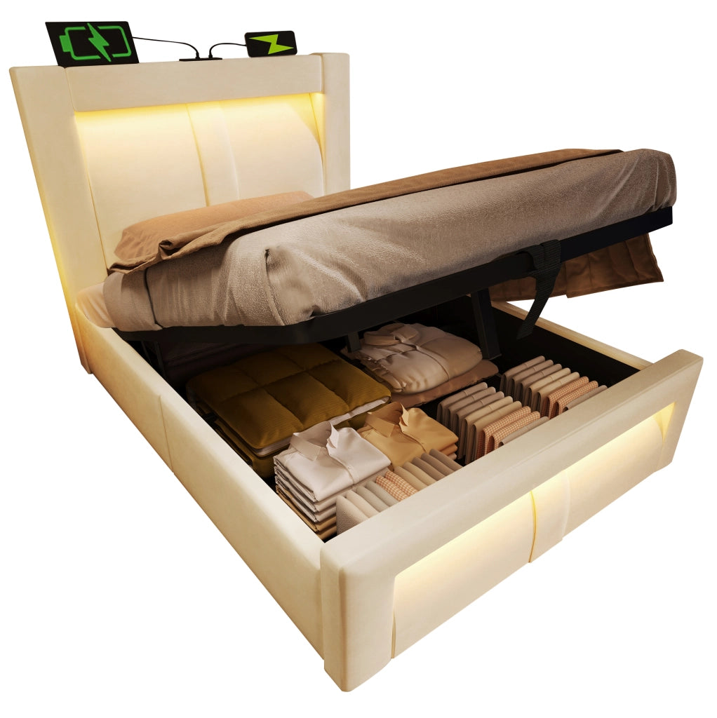 Letto singolo 90x200 contenitore velluto beige LED USB Type-C con materasso