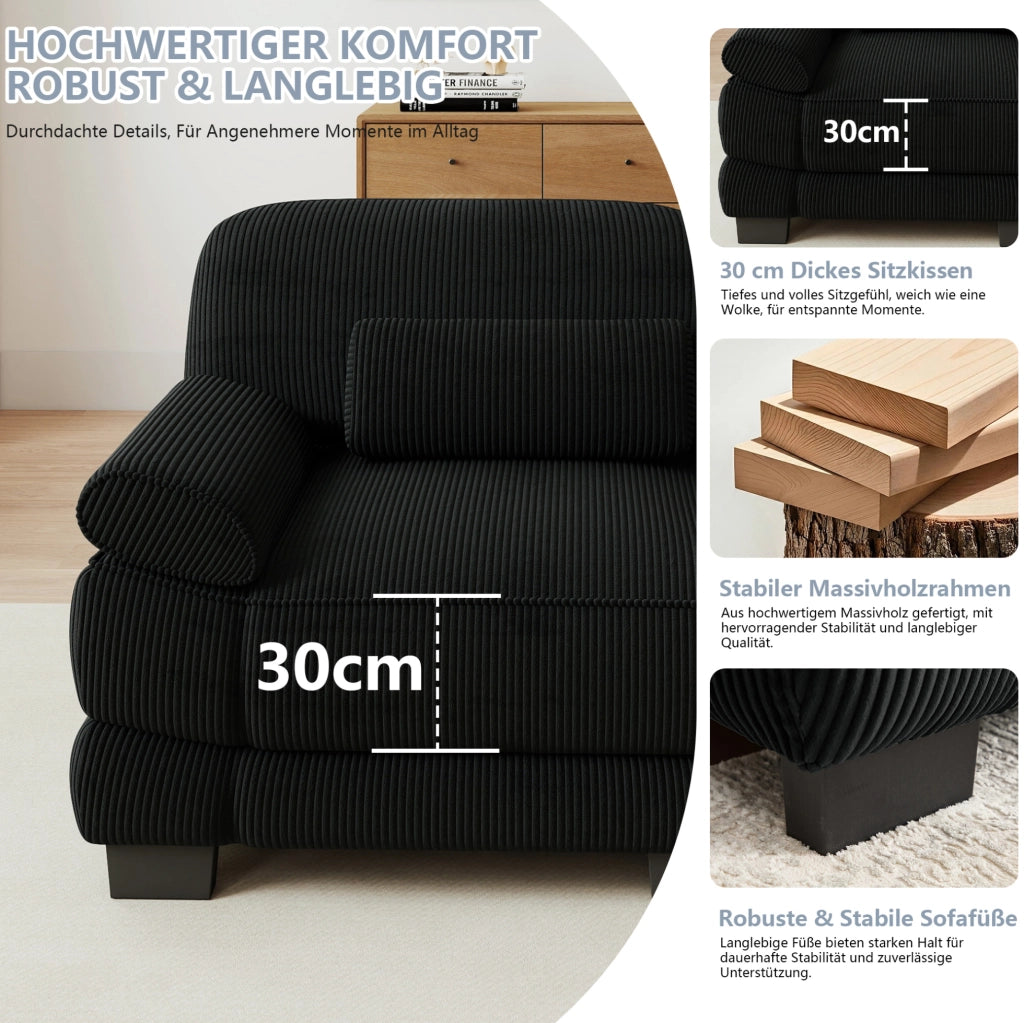 Divano modulare ad angolo in velluto a coste nero con pouf; 336 × 161 × 94 cm