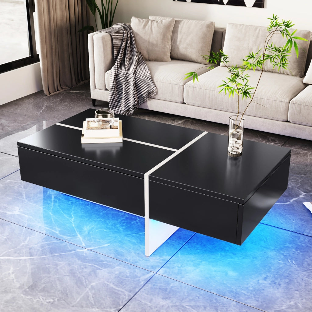 Tavolino da caff猫 nero lucido con LED controllabile tramite app e 3 cassetti