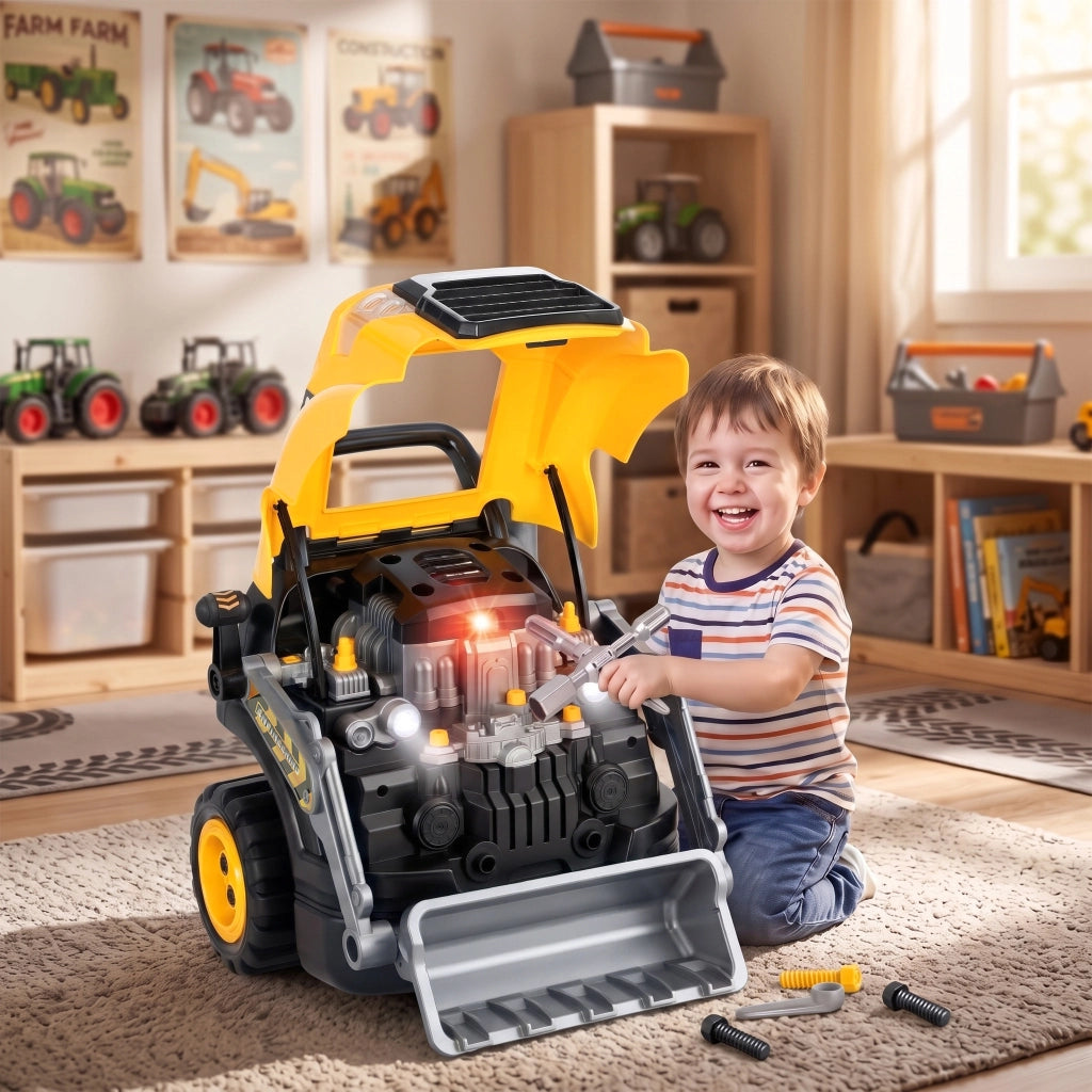 Jouet Moteur de Camion et Pelle pour Enfants, Camion Mécano, Volant, Effet de Brume, Sonores et Lumineux, 3-6 Ans, Jaune