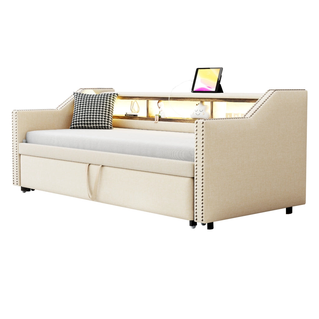 Divano letto 90 × 190 cm estraibile fino a 180 × 190 cm con ripiani laterali LED USB tessuto beige