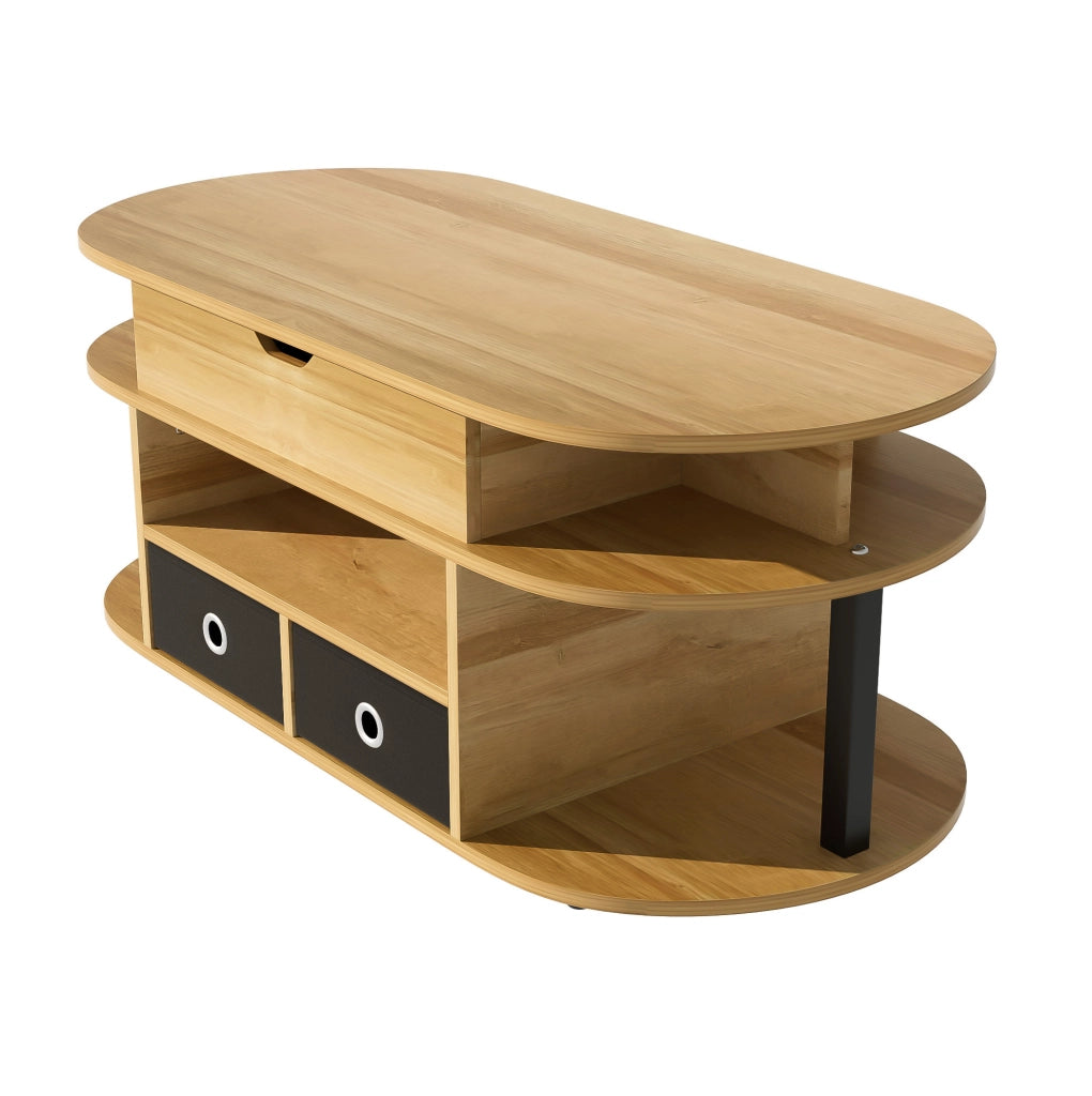 Tavolino da salotto con effetto legno, funzione alzabile, cassetti in tessuto nero e vano portaoggetti – 105x50x45/60 cm