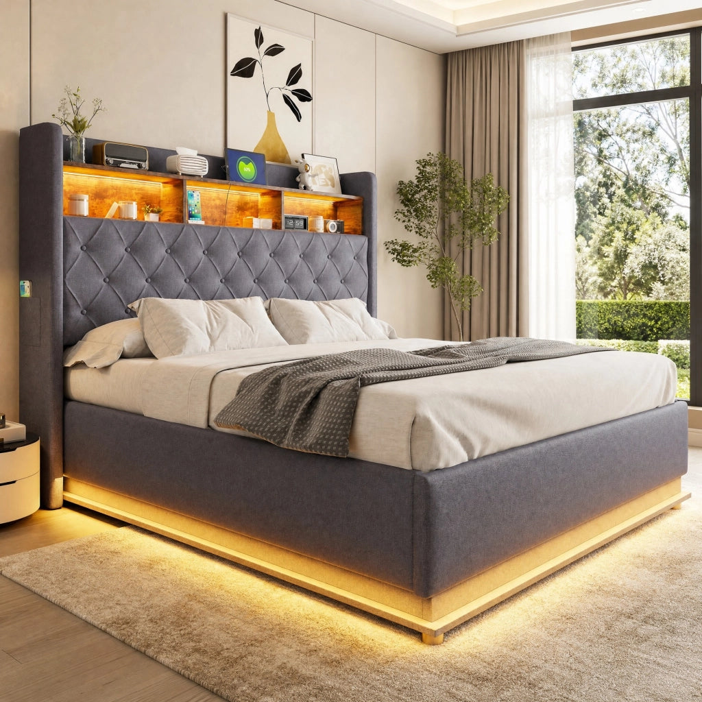 Letto imbottito LED con contenitore idraulico e porta USB 160x200 cm; grigio
