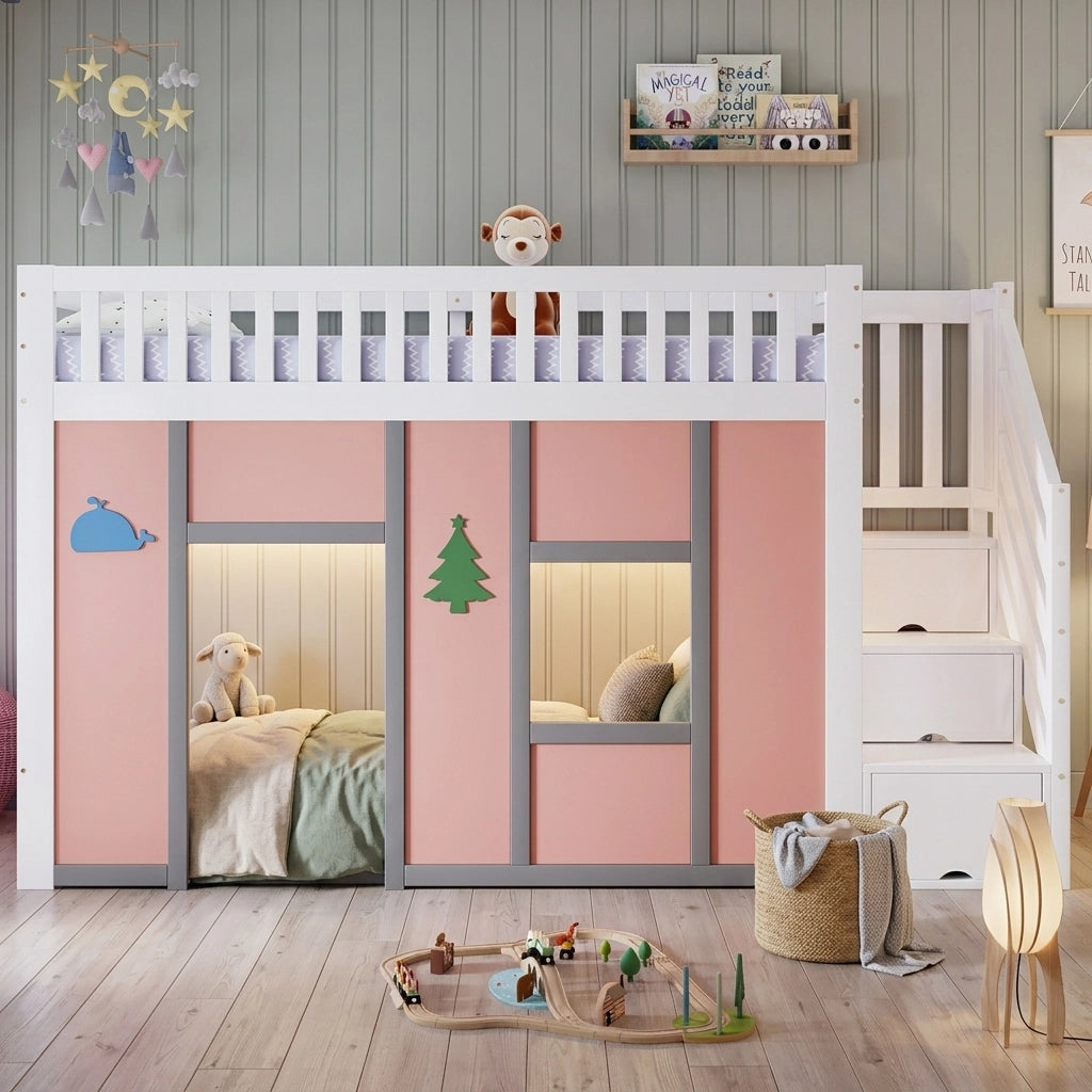 Letto a soppalco per bambini 90 × 200 cm con scala contenitore, LED, pino e MDF, bianco e rosa