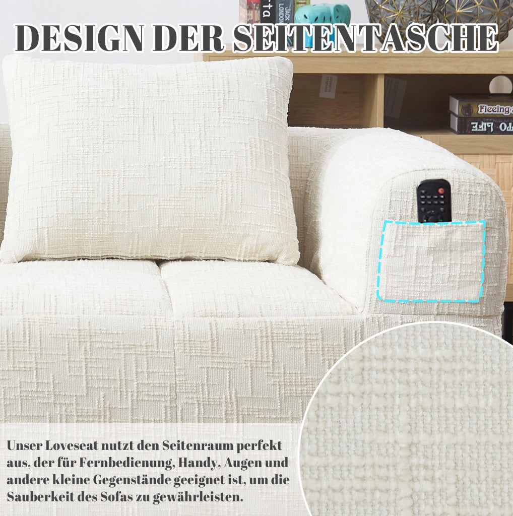 Divano 2 posti beige con chaise lounge, tessuto chenille, cuscino incluso e tasche laterali