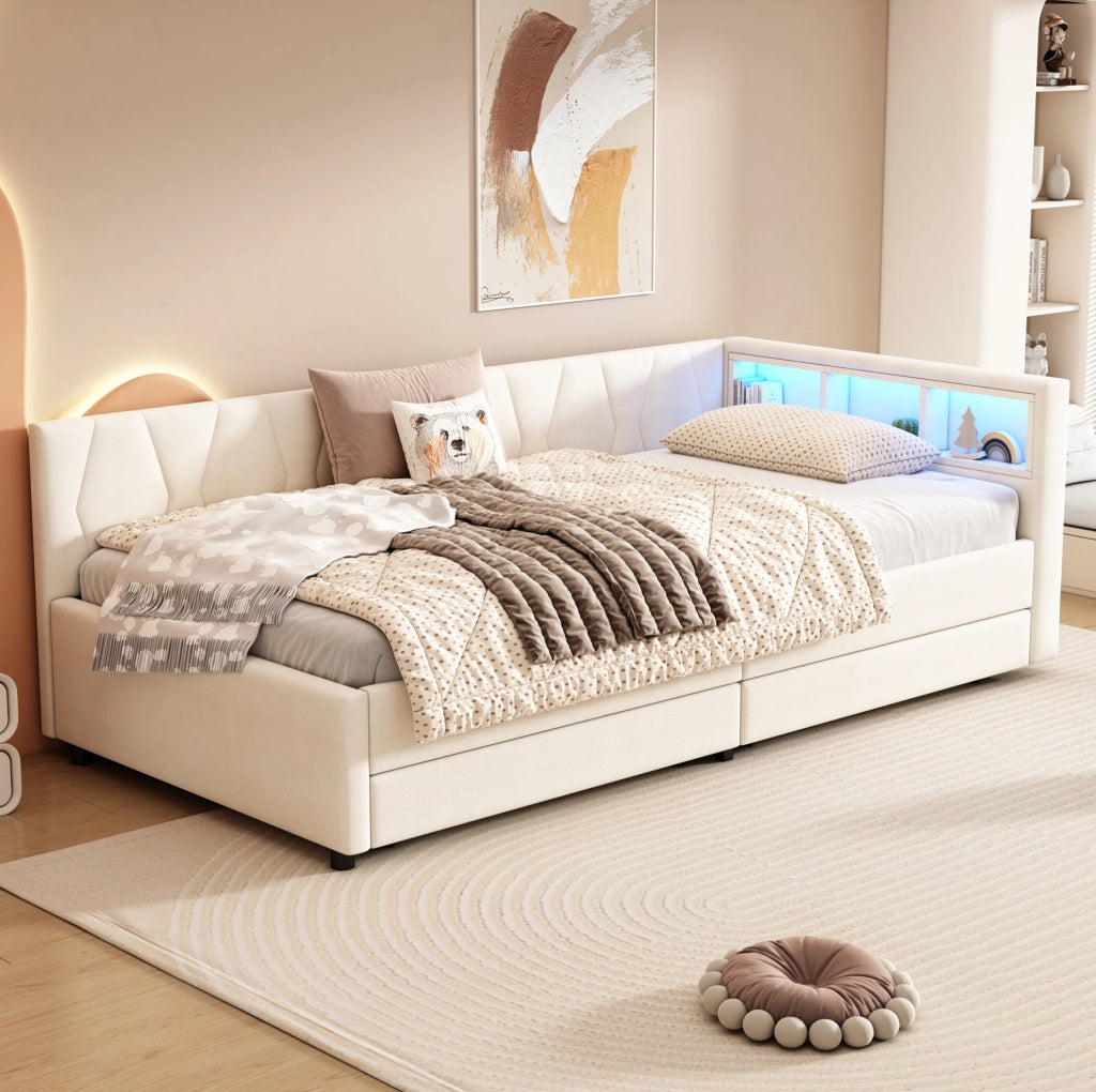 Letto da giorno 90x200 cm beige con LED, USB-C e cassetti