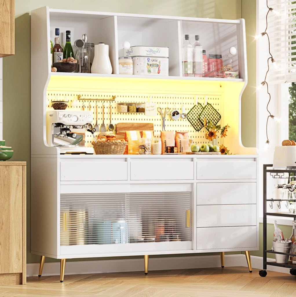 Mobile alto da cucina 145x39x171 cm con ante scorrevoli, LED RGB e vetro rigato bianco HAVRYA