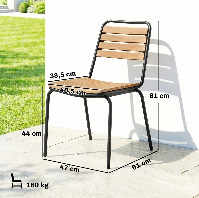 Set di 2 Sedie da Giardino in Acciaio e Legno di Eucalipto, Impilabili, Portata 160 kg, Colore Naturale
