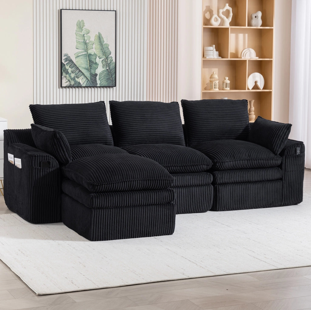 Divano modulare a 3 posti in velluto a coste con pouf; cuscini e tasche laterali; nero