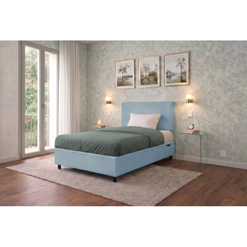 Letto imbottito Singolo 80x190 cm Flat - Contenitore,Microfibra,Azzurro