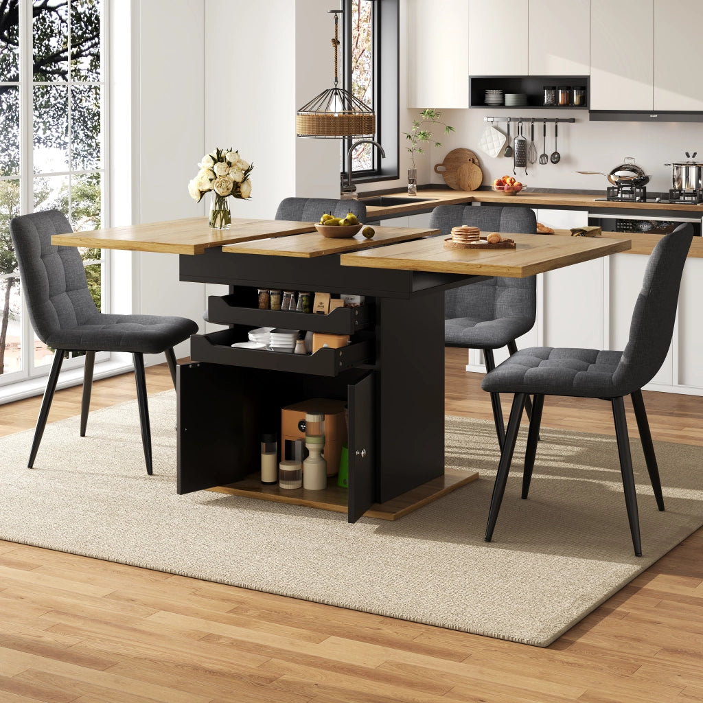 Tavolo allungabile con vani contenitore; ripiani estraibili e chiusura ammortizzata in MDF nero 110-140 × 80 × 76 cm