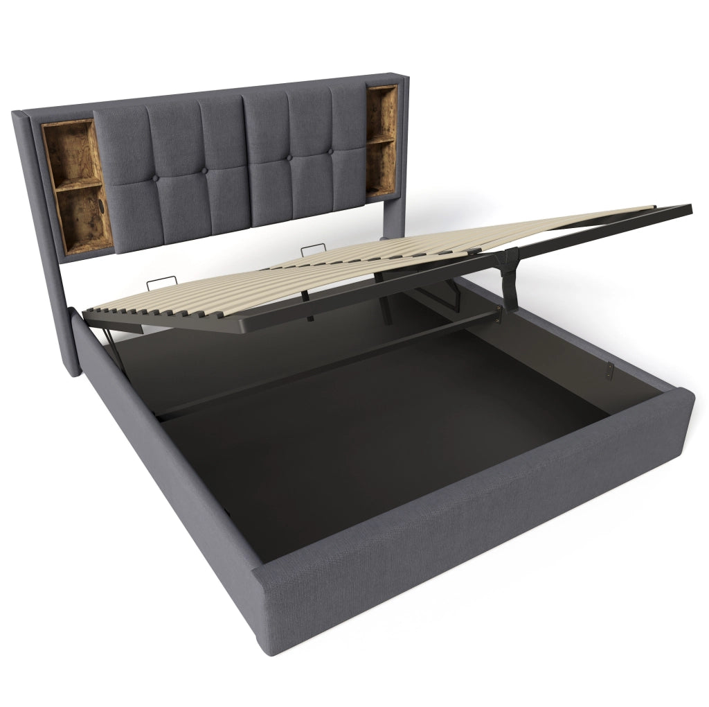 Letto matrimoniale imbottito 140x200 con ricarica wireless, USB e materasso incluso