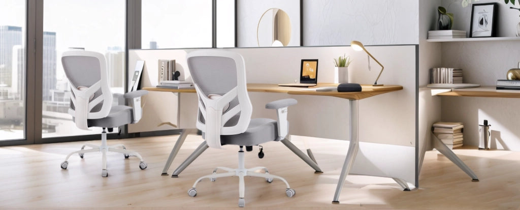Sedia da ufficio ergonomica in tessuto e rete; grigia; con supporto lombare regolabile