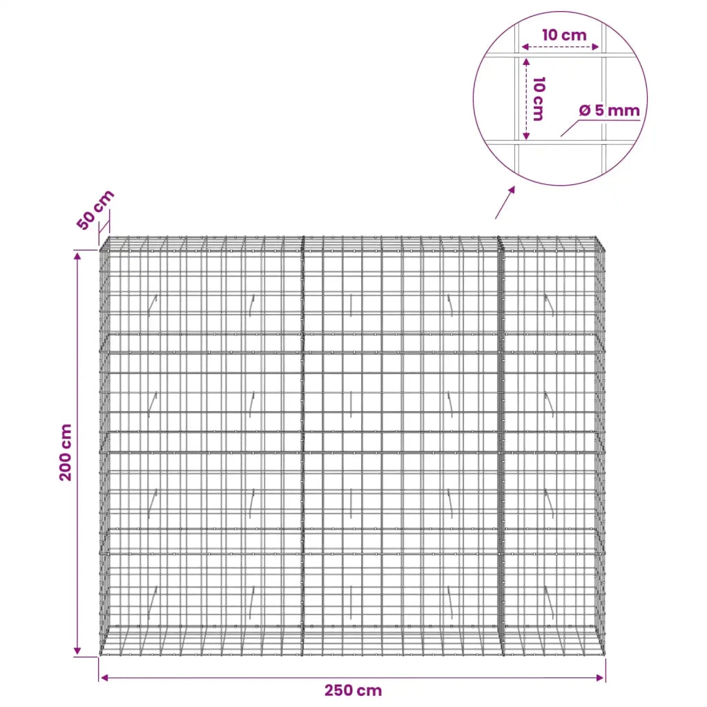Gabione con Filo da 5 mm e Rete da 10x10 cm 250x50x200 cm 3465263