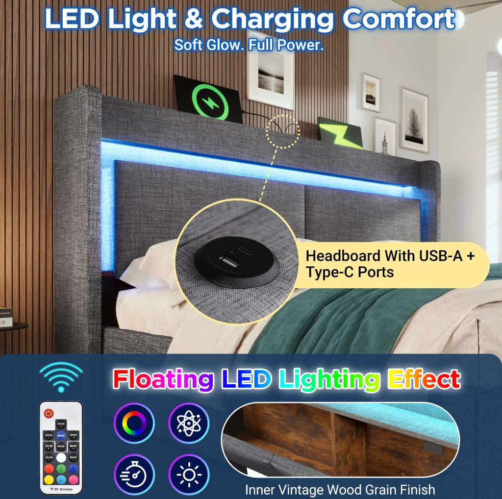 Letto contenitore ULEVR 180x200 cm con vano idraulico, LED, USB e USB-C, testiera con scomparti, grigio