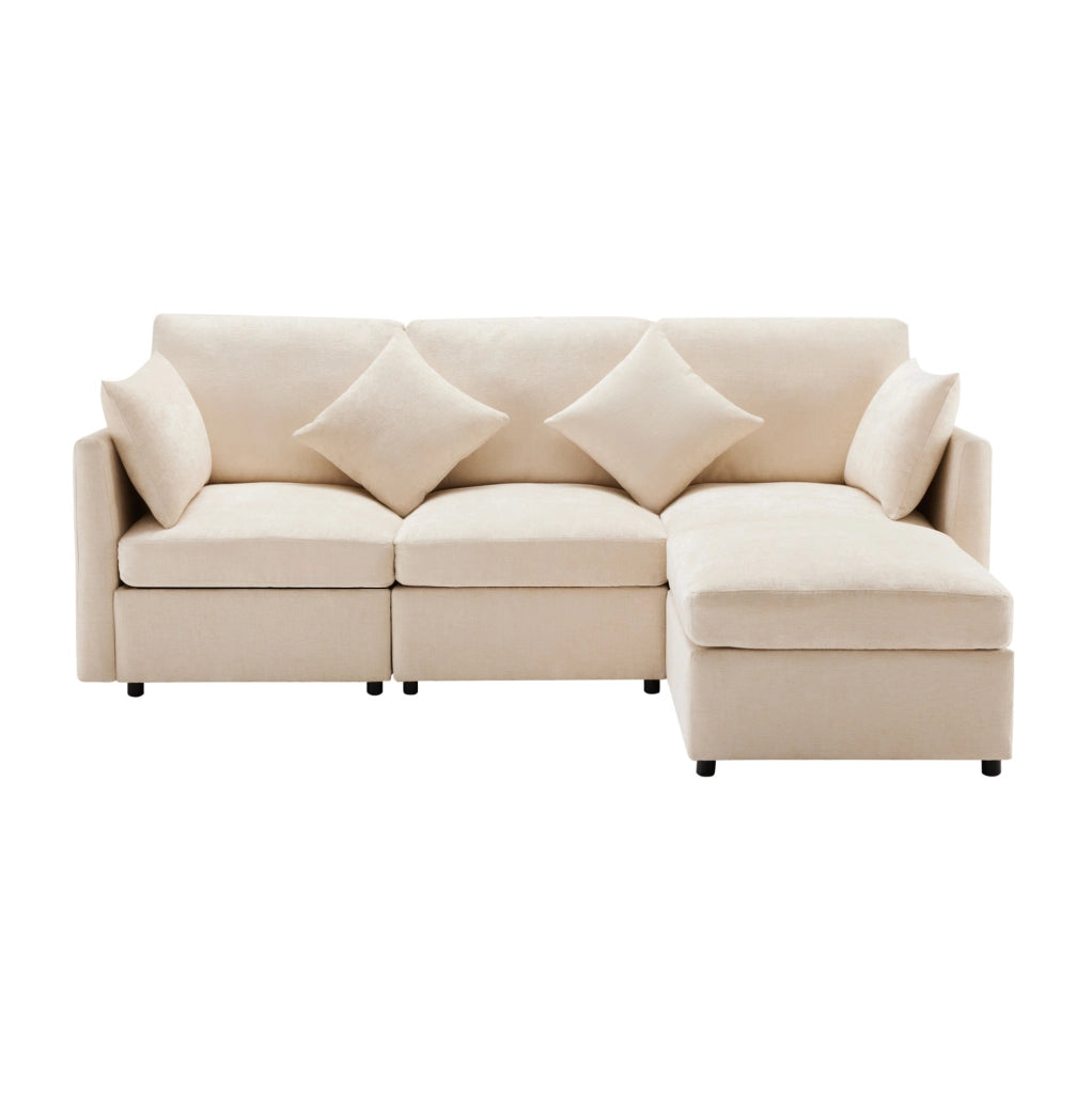 Divano angolare modulare L a 3 posti con pouf mobile e 4 cuscini in tessuto chenille beige, 216x161x81 cm
