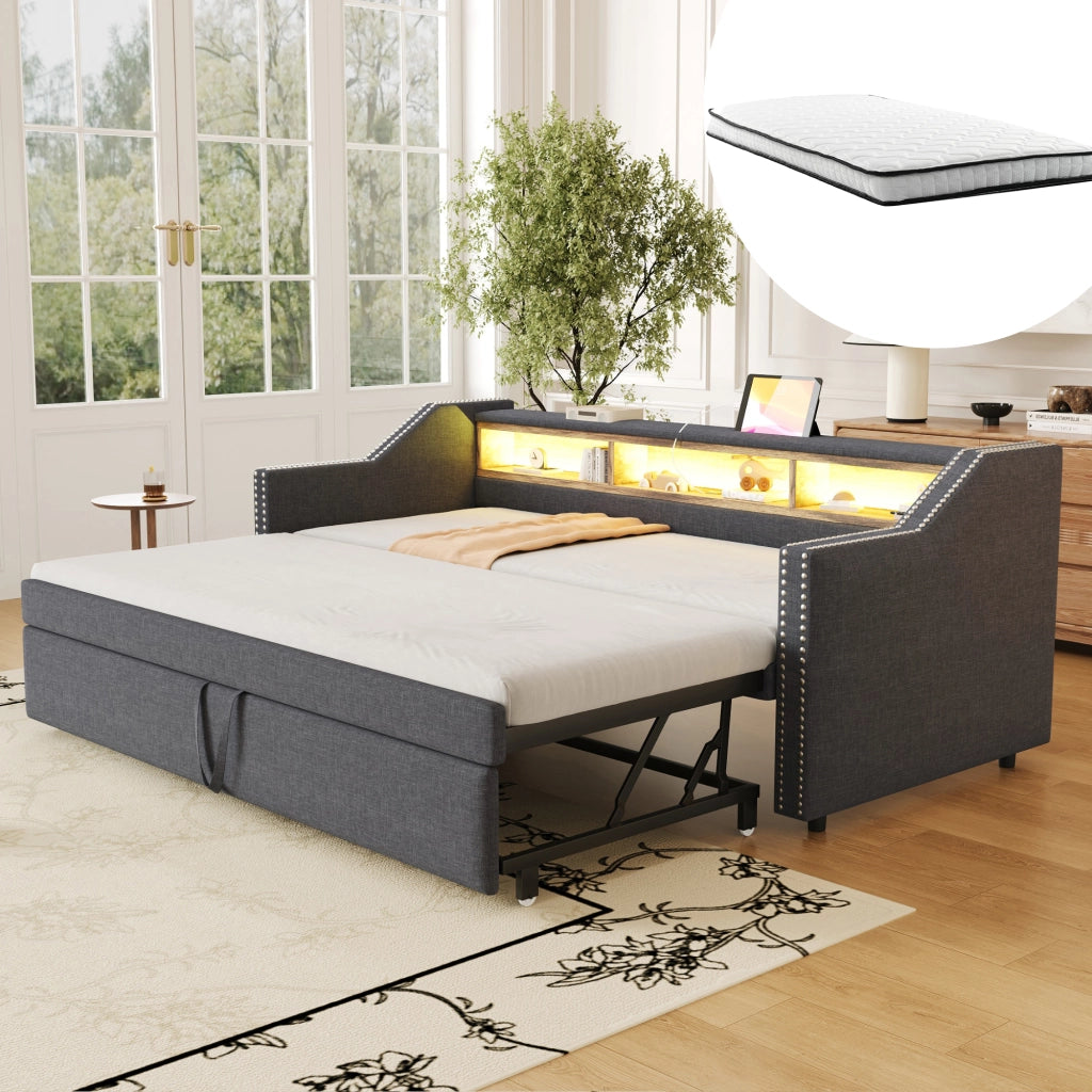 Letto divano estraibile 90 × 190 cm et 180 × 190 cm con ripiani, LED et USB, con 2 materassi