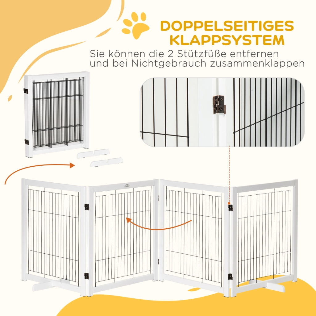 Cancelletto per cani a 4 pannelli pieghevole in legno e rete d'acciaio bianco 305 × 35.5 × 82 cm