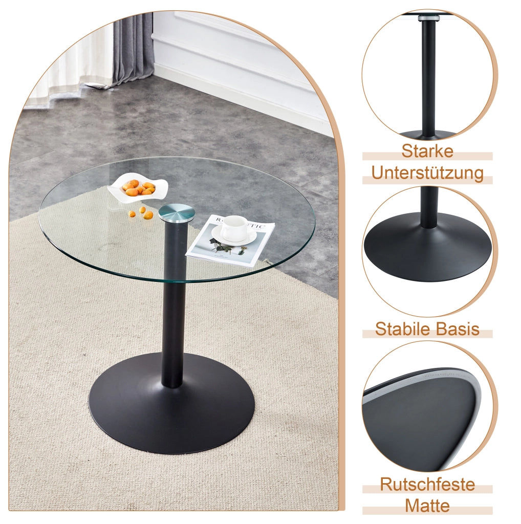 Set da pranzo moderno con tavolo rotondo in vetro Ø 85 cm e 4 sedie in similpelle marrone retrò