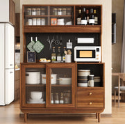 Credenza da cucina 117x30x170 cm con ante scorrevoli in vetro rigato e cassetti noce HAVRYA