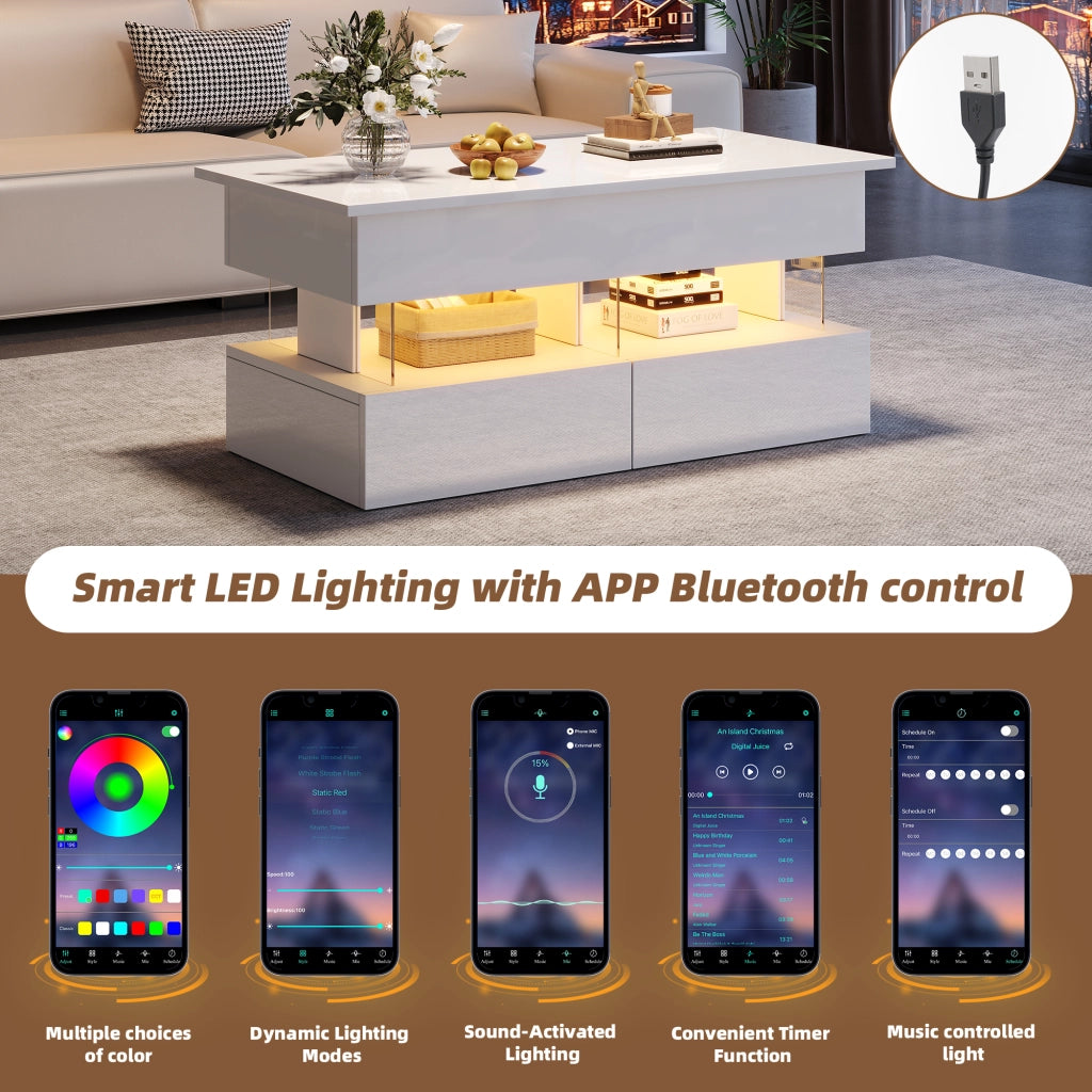 Tavolino basso alzabile con piano idraulico LED Bluetooth; 2 cassetti e vano nascosto bianco 100 × 50 × 46 cm