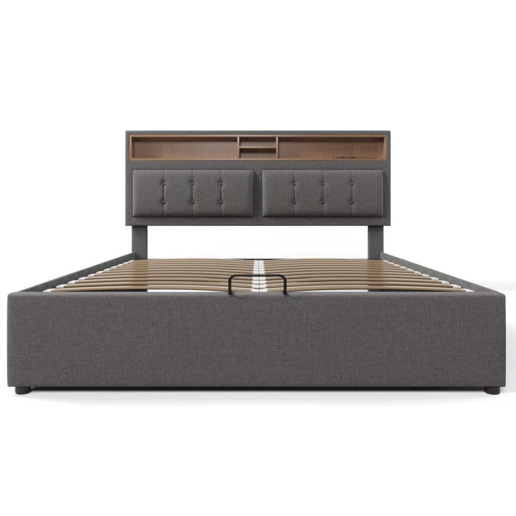 Letto matrimoniale 160×200 cm con vano contenitore, prese e testiera regolabile, senza materasso, grigio