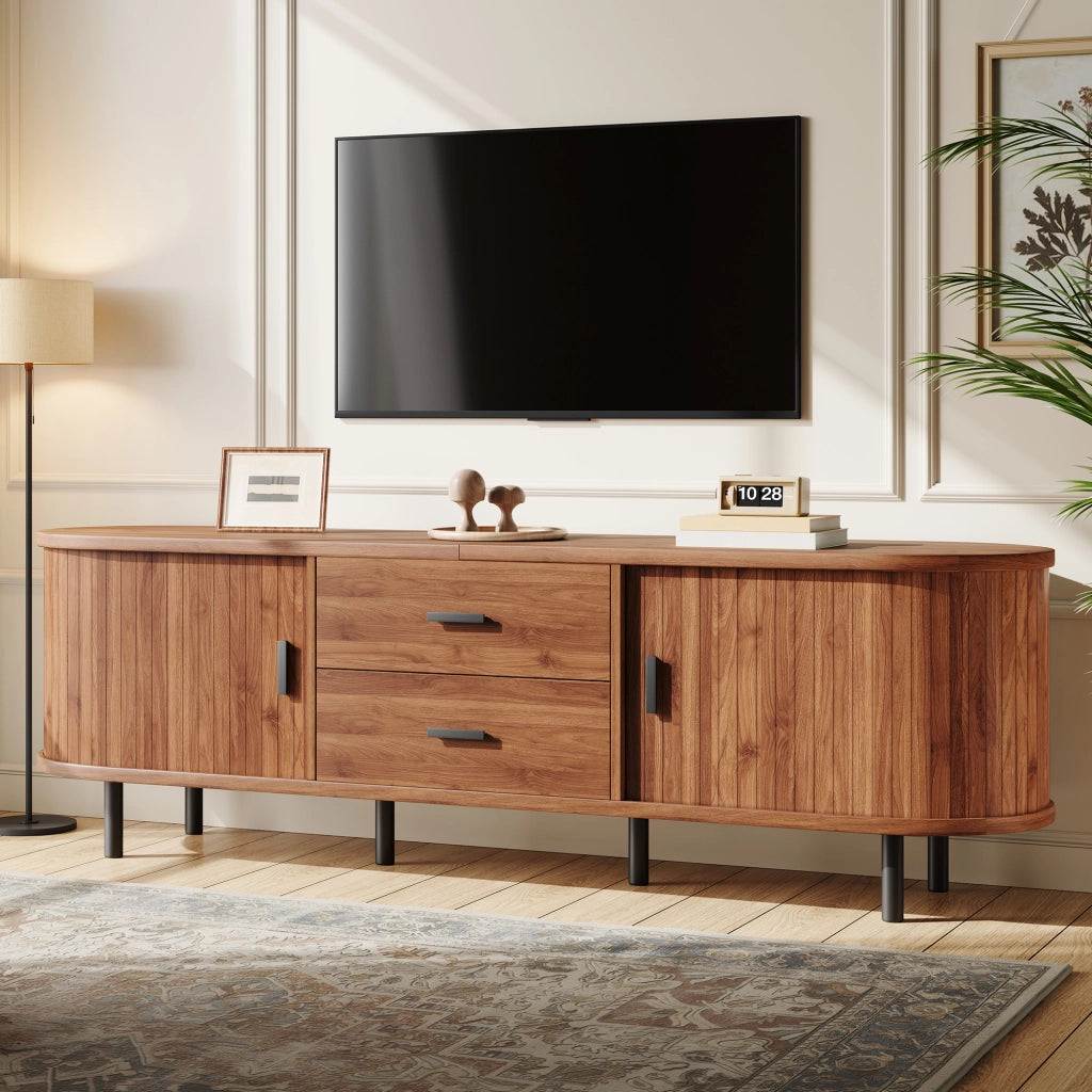 Mobile TV con ante scorrevoli; 2 cassetti e 5 piedi in metallo nero color noce 150 ¡Á 40 ¡Á 55 cm