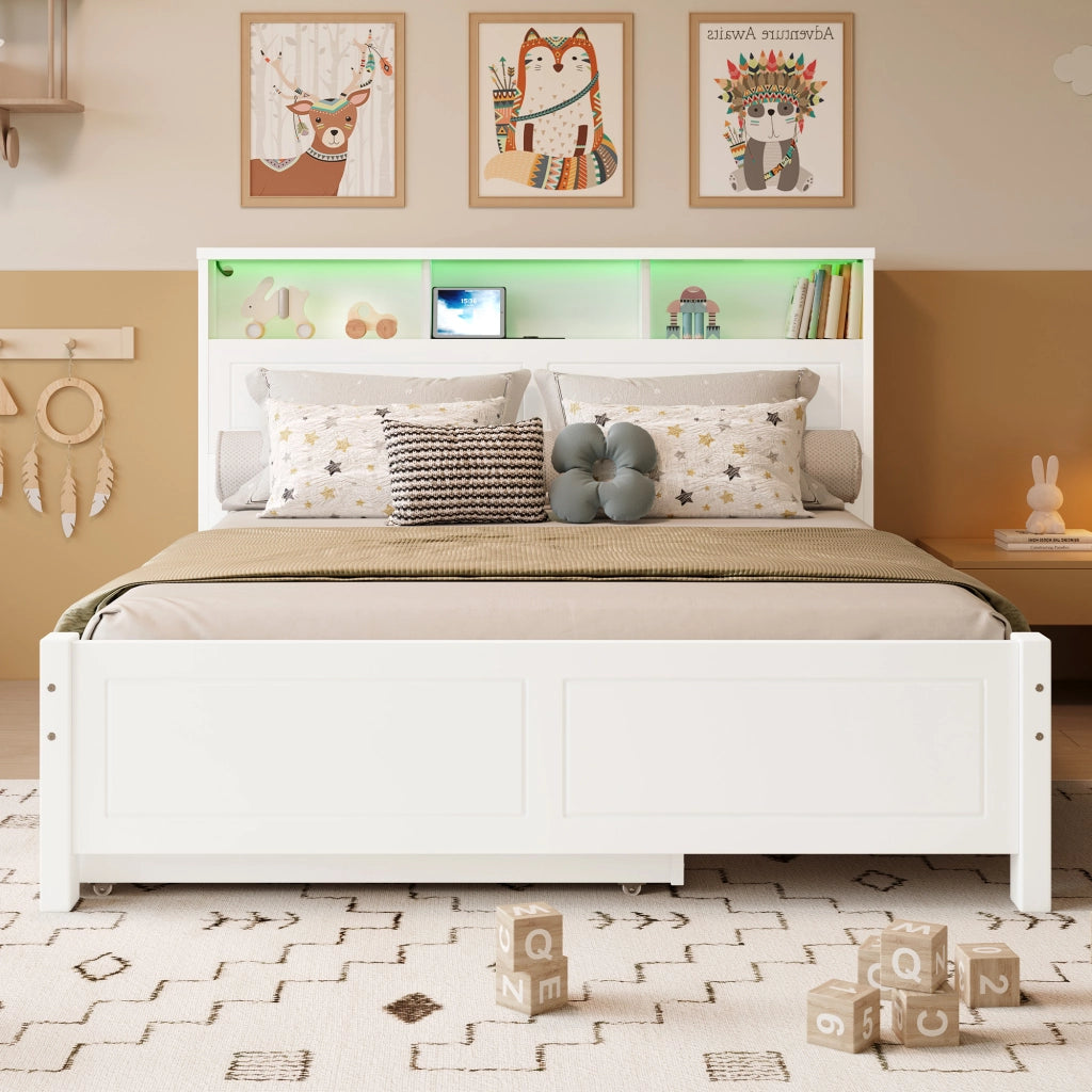Letto matrimoniale con letto estraibile, testiera con presa di ricarica, luci LED e contenitore, bianco, 214x128,5x91,5 cm