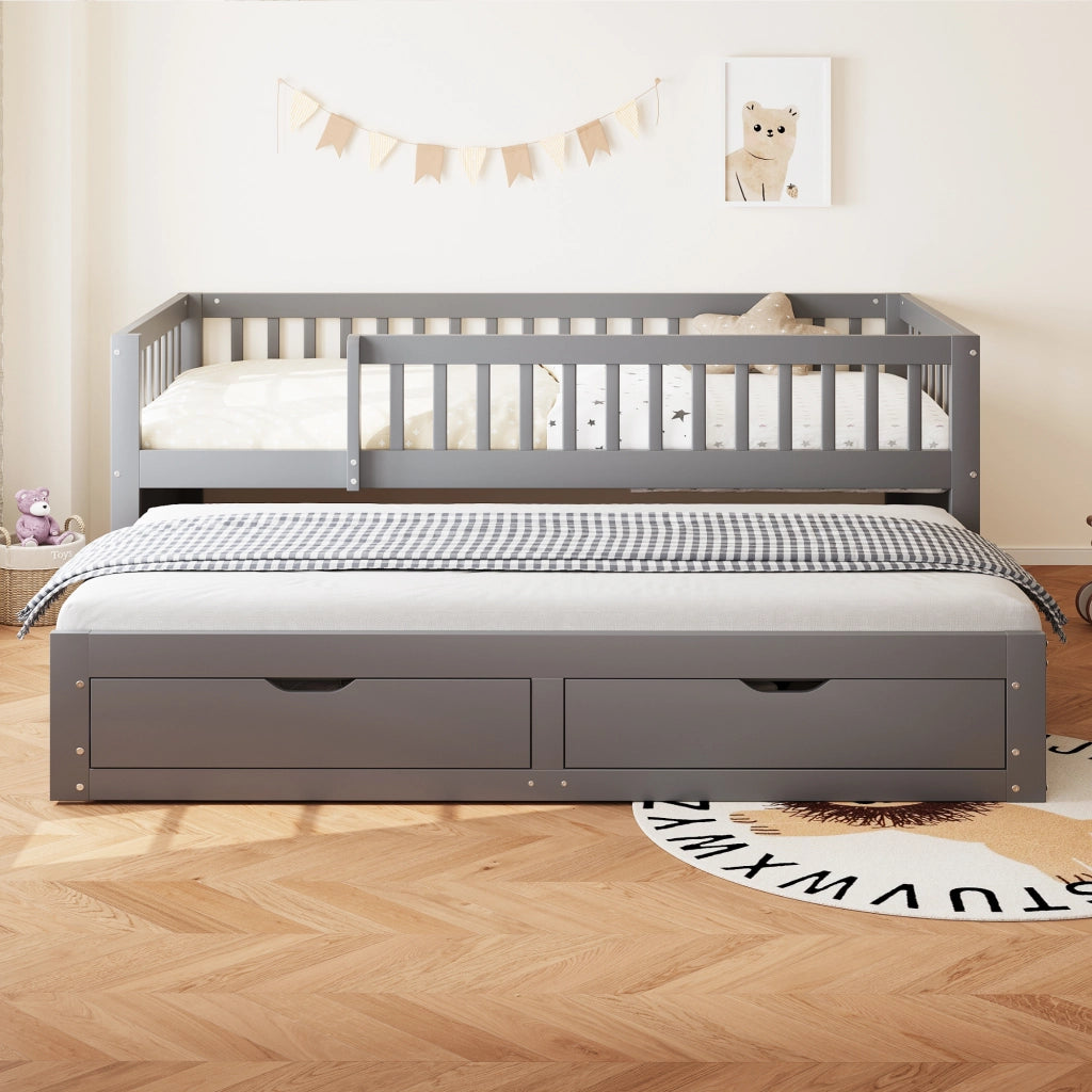 Letto con letto estraibile 90 × 200 cm due posti letto con due cassetti in legno grigio con rete a doghe