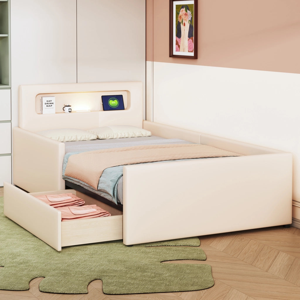 letto imbottito ecopelle beige 90 x 200 cm