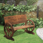 Panchina da giardino in legno massello; braccioli a ruota di carro; 114 x 58 x 80 cm; marrone scuro