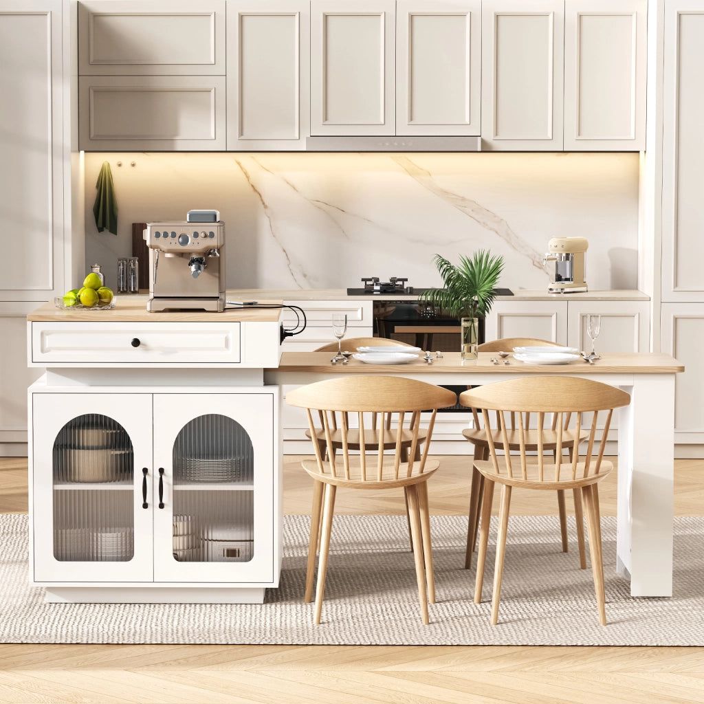 Isola Cucina con Ruote e Tavolo da Pranzo Allungabile; Tavolo Bar con Prese Elettriche; LED a 5 Colori; 128-200 cm; Bianco
