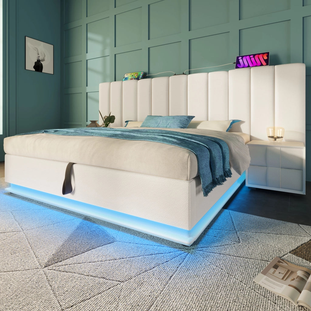 Letto matrimoniale contenitore 160 × 200 cm con LED e ricarica USB tipo C in PU bianco con rete a doghe