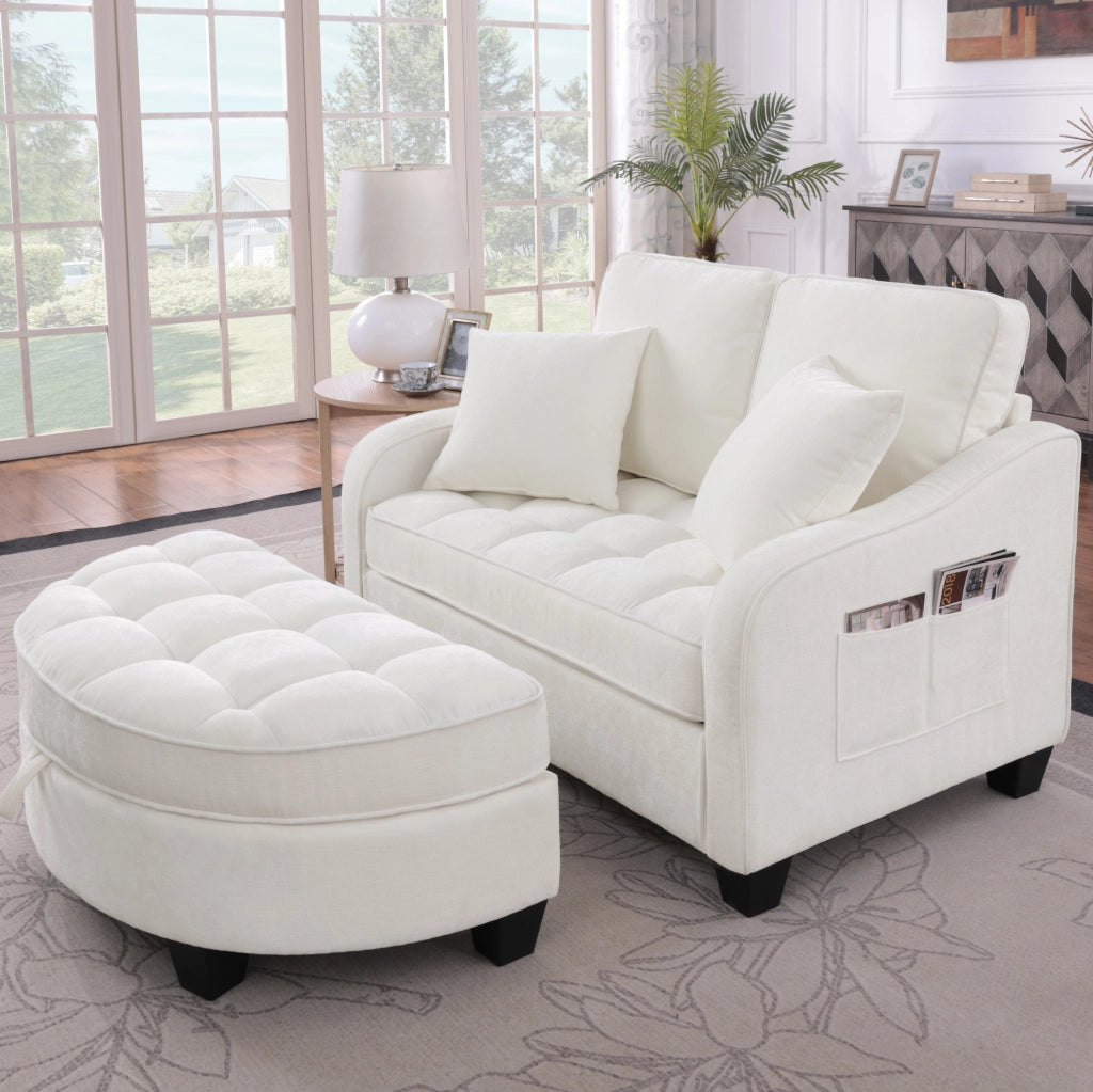 Divano letto 2 in 1 trasformabile con pouf contenitore 132x129x93 cm in eucalipto; beige