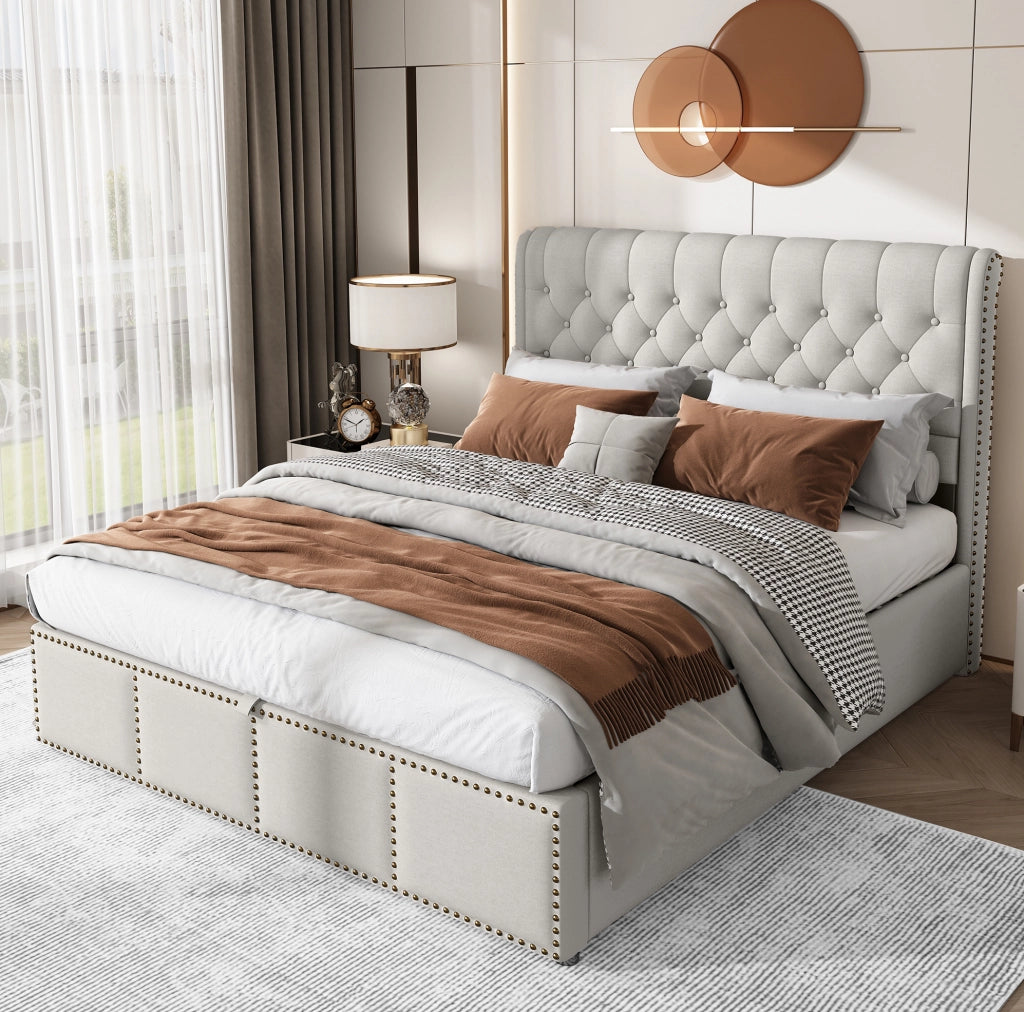 Letto matrimoniale 140x200 cm con contenitore; rivestimento in lino; grigio